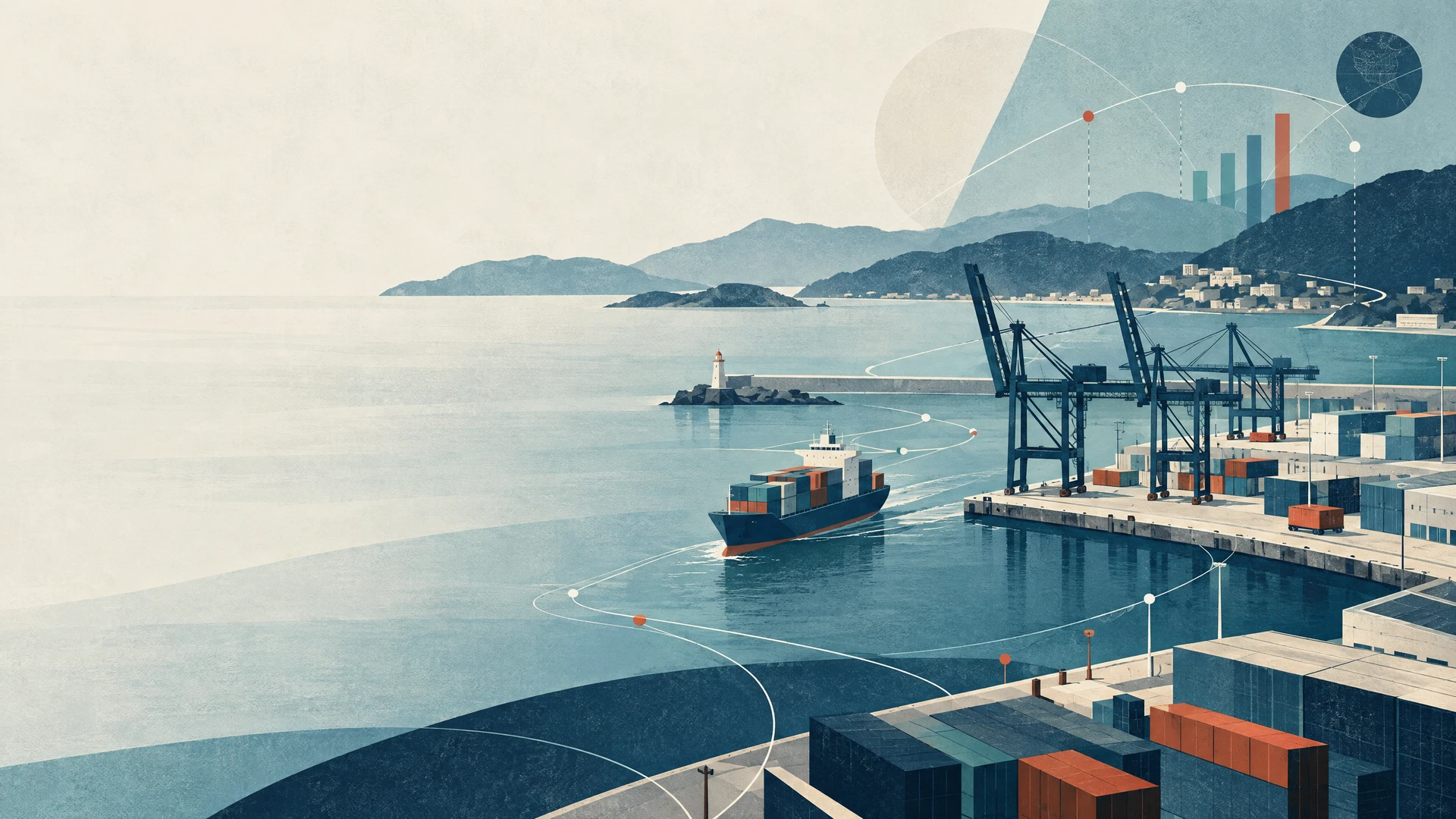 An editorial illustration of a harbor with route lines and data marks, connecting logistics, operations and analytical curiosity.
